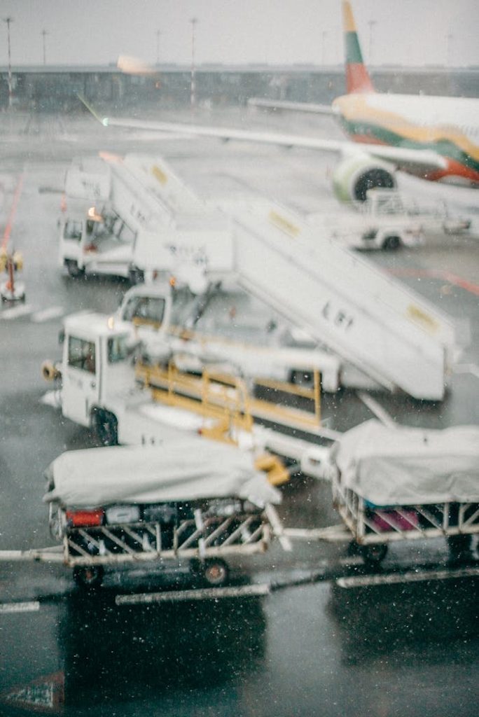 Ground service vehicles and airplane at airport covered in snowfall, capturing winter travel scene.